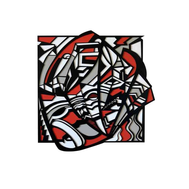 “Pieces”, 32×34″, acrylic on layered lasercut plywood