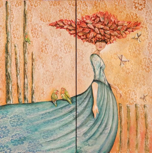 Redhead with lovebirds