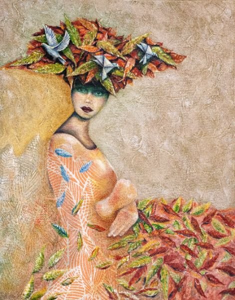 Blue Doves in Crimson Leaves